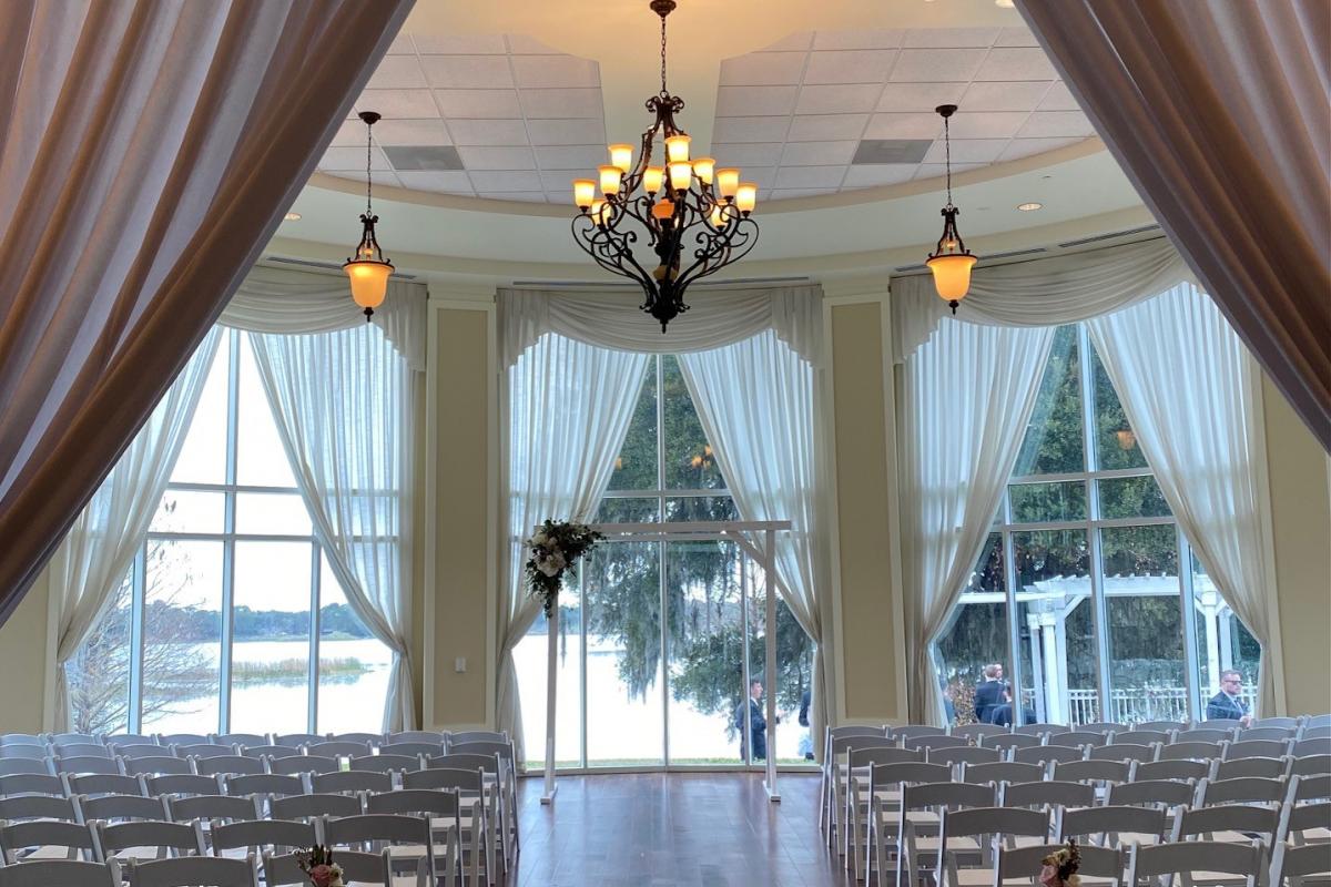 Altar view of an indoor wedding set up