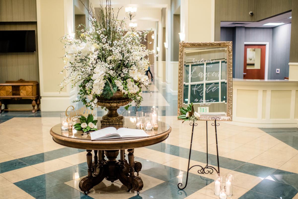 Large floral arrangement and guest book
