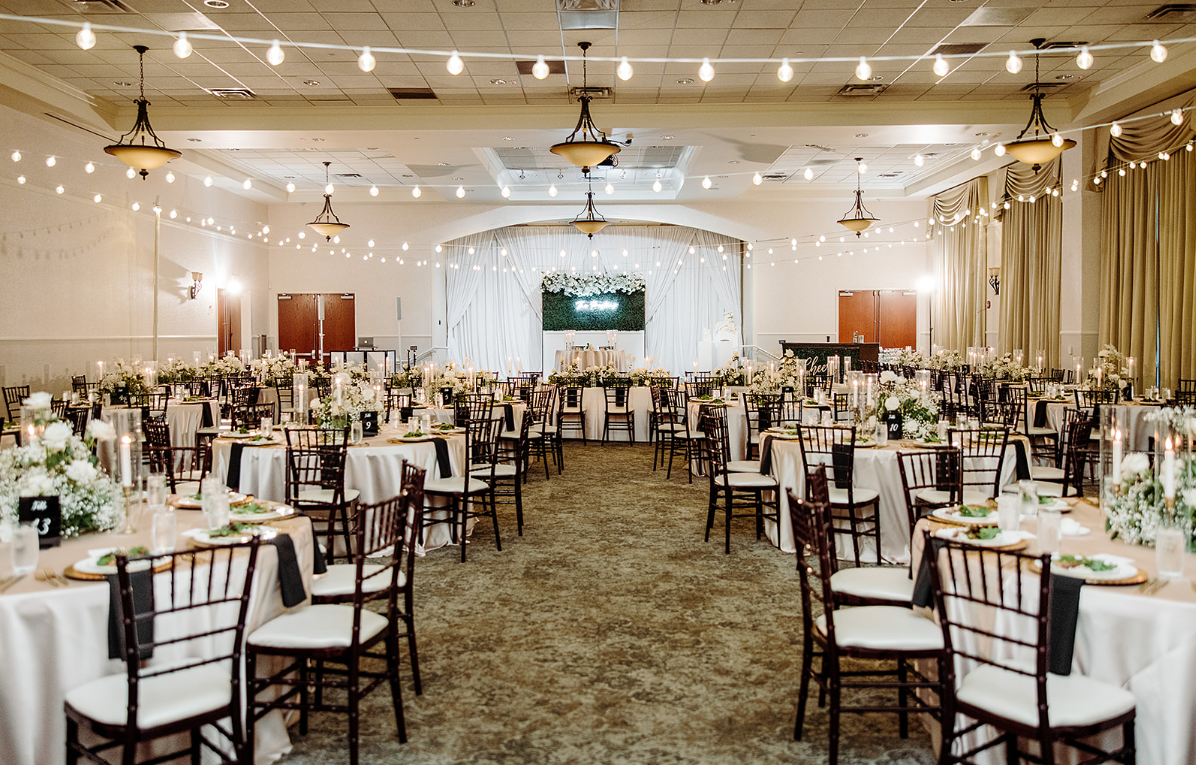 Reception set up in the ballroom with market lights